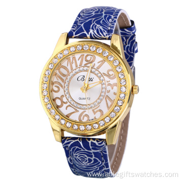 Vein Leather Strap Rhinestone Quartz Watch